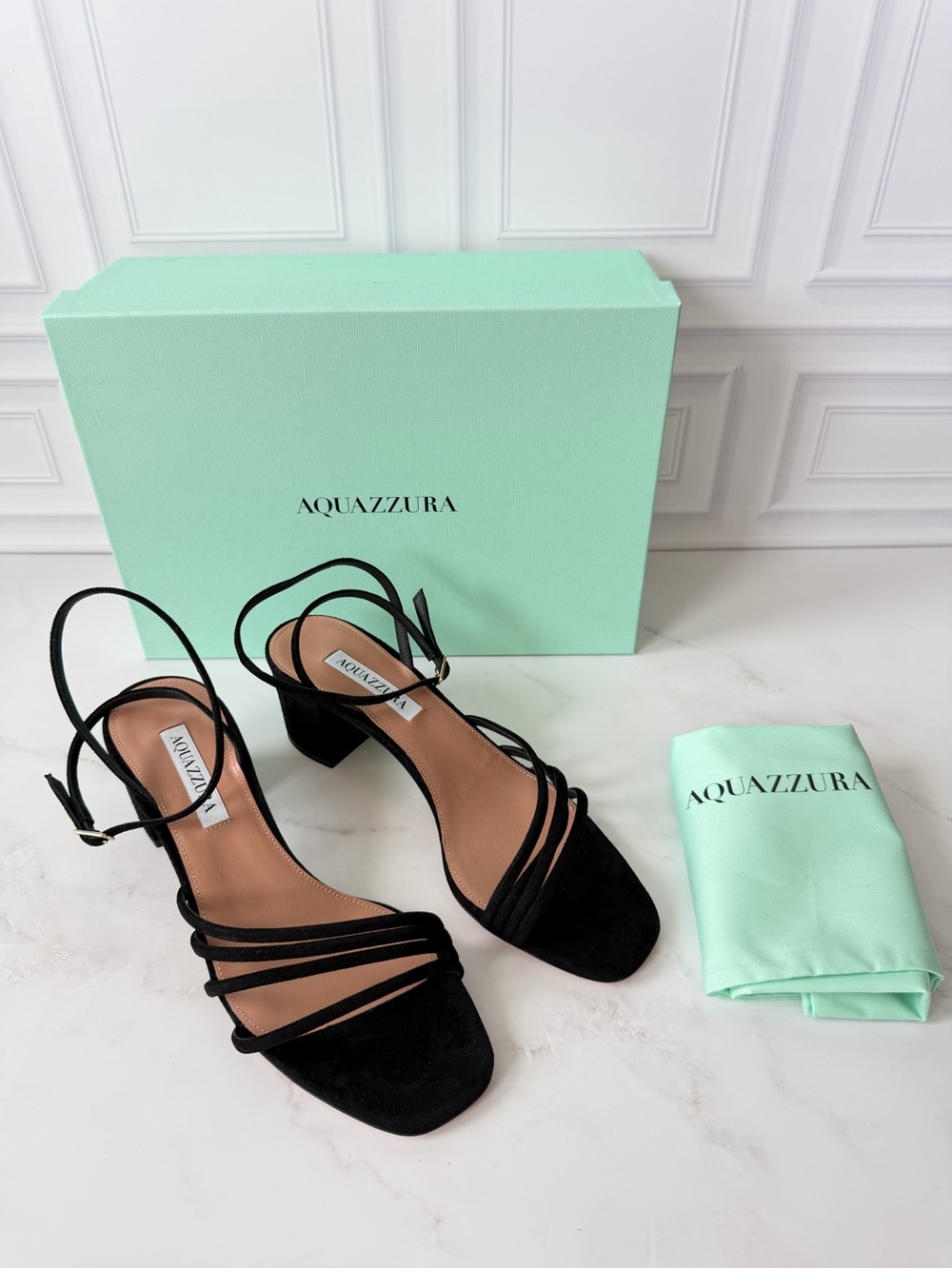 Aquazzura Latour Sandal 50 Black Suede Strappy Block Heel Sandals EU 39.5 US 9